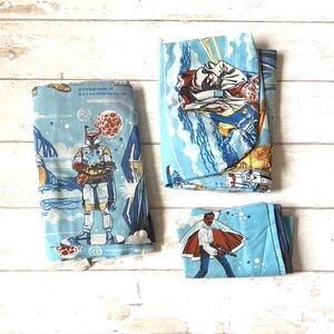 Vintage 70s Star Wars Themed Twin Size Sheet Bedding Set Flat Fitted Pillowcase
